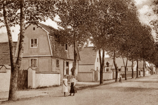 Zdjęcie w sepii ukazuje spokojną, wiejską ulicę z początku XX wieku, wyłożoną równo zasadzonymi drzewami po obu stronach. Ulica jest szeroka, nieutwardzona, a jej powierzchnia wygląda na piaszczystą lub żwirową. Po lewej stronie kadru widoczne są schludne, jednopiętrowe domy z wysokimi dachami pokrytymi dachówką, otoczone niskim murem. Przy jednym z budynków stoją dwie dziewczynki ubrane w sukienki — jedna w jasnej, druga w ciemnej. W oddali na ulicy stoi również chłopiec. Całość sprawia wrażenie dobrze zaplanowanej i uporządkowanej kolonii mieszkalnej. Zdjęcie emanuje spokojem i prostotą życia codziennego.