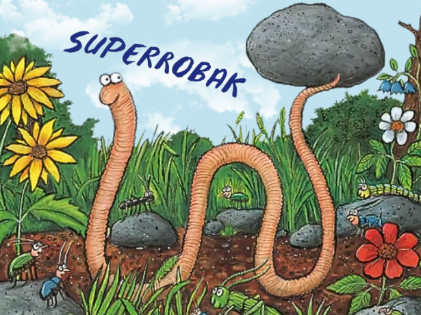 Ilustracja przedstawia pełznącą ogrodową ścieżką dżdżownicę, która na swym końcu dźwiga duży kamień. Ze znajdujacej się wokół robaka trawy wyrastają kolorowe kwity.