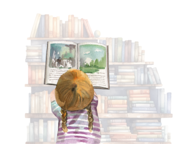 Ilustracja przedstawia rudowłosą dziewczynkę z dwoma warkoczami. Ubrana jest w koszulkę w biało fioletowe paski. Leży ona na brzuchu i czyta książkę. Widzimy ją z góry. W tle majaczy regał z książkami o różnokolorowych grzbietach. 