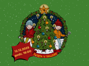 Na ilustracji znajduje się świąteczna choinka przystrojona w kolorowe bombki. Po jej prawej stronie stoi dziewczynka ubrana w błękitną czapkę, czerwoną kurtkę oraz zielone spodnie. W swej prawej dłoni trzyma żółtą latarkę. Na prawo od choinki znajduje się postać chłopca ubranego w żółta kurtkę, czerwoną czapkę oraz błękitne spodnie. W swej lewej dłoni trzyma lupę. Całość utrzymana jest w świątecznej, barwnej kolorystyce.