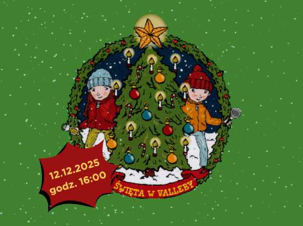 Na ilustracji znajduje się świąteczna choinka przystrojona w kolorowe bombki. Po jej prawej stronie stoi dziewczynka ubrana w błękitną czapkę, czerwoną kurtkę oraz zielone spodnie. W swej prawej dłoni trzyma żółtą latarkę. Na prawo od choinki znajduje się postać chłopca ubranego w żółta kurtkę, czerwoną czapkę oraz błękitne spodnie. W swej lewej dłoni trzyma lupę. Całość utrzymana jest w świątecznej, barwnej kolorystyce.