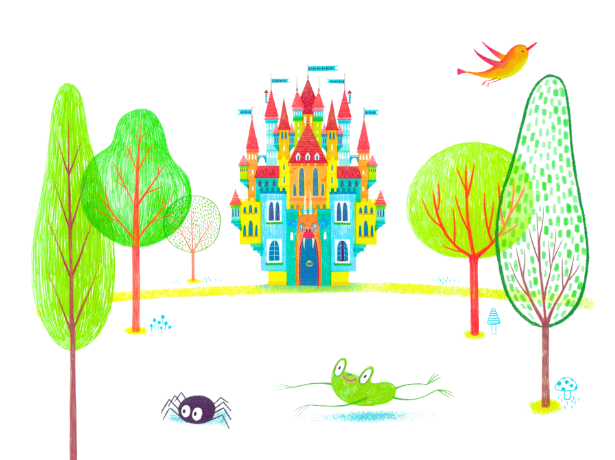 Ilustracja przedstawia kolorowy zamek w centrum. Po obu jego bokach rosną liściaste drzewa. U góry po prawej leci pomarańczowy ptak. U dołu czarny pająk ucieka przed zieloną żabą.