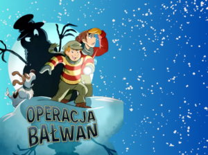 Po lewej stroni widnieje skała pokryta śniegiem. Na niej stoi dziewczyna i chłopiec z latarką w lewej dłoni, którzy czegoś z góry wypatrują. Obok nich po lewej znajduje się pies, który z przerażeniem spogląda na ciemną postać znajdującą się tuza nimi. W tle widać błękitny księżyc oraz padający śnieg.