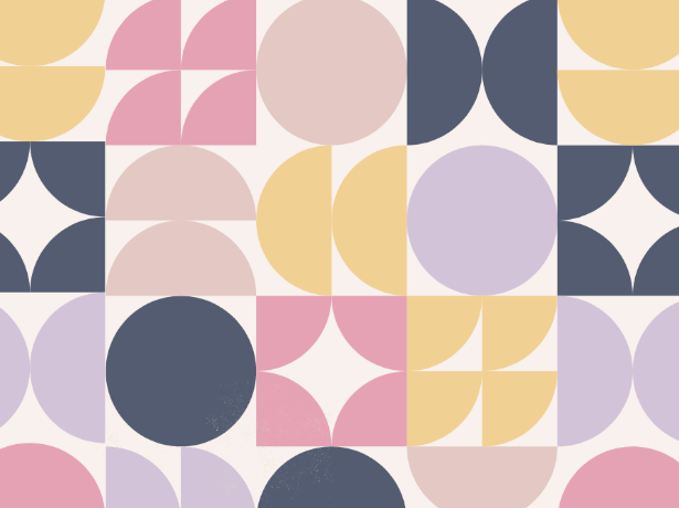 Na ilustracji znajduje się mozaika. Składa się z kół, półkoli oraz ćwiartek kół w kolorach różowy, żółty, fioletowy, beżowy i granatowy. Tonacja barw jest pastelowa.