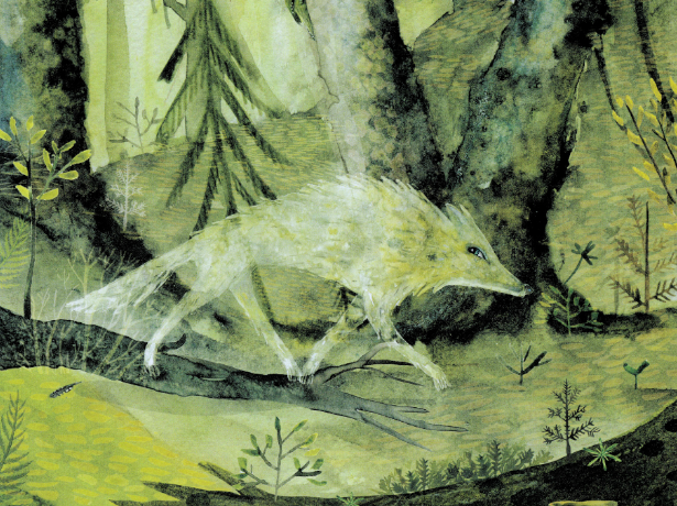 Ilustracja przedstawia białego wilka w leśnej gęstwinie. Całość utrzymana jest w zielonej kolorystyce.