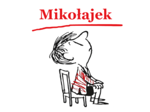 Ilustracja przedstawia chłopca siedzącego na krześle i spoglądającego w górę. Nad jego głową widnieje czerwony, podkreślony napis Mikołajek. Ilustracja ta ma formę czarno-białego szkicu.