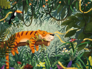 Ilustracja przedstawia dżunglę w wielu odcieniach zieleni. Są tu kolorowe kwiaty, zwisające z góry liany oraz liście o bardzo rozmaitych kształtach i wielkościach. Po lewej stronie na obciętym konarze drzewa widoczna postać śpiącego tygrysa. Nad jego głową siedzi na gałęzi tukan.
